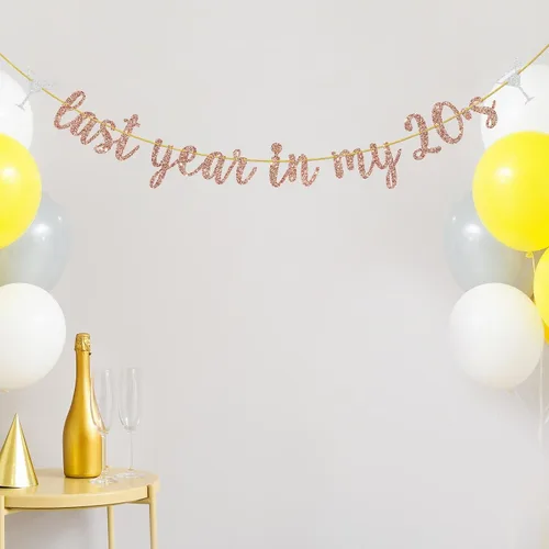 Vista 7 de Cartel de feliz cumpleaños número 29 y 30 años con purpurina de oro rosa con purpurina del año pasado en mis 20, divertida decoración de fiesta