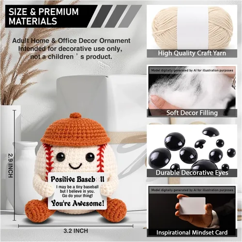 Vista 3 de Mini muñeca de béisbol de ganchillo con tarjeta positiva, regalos