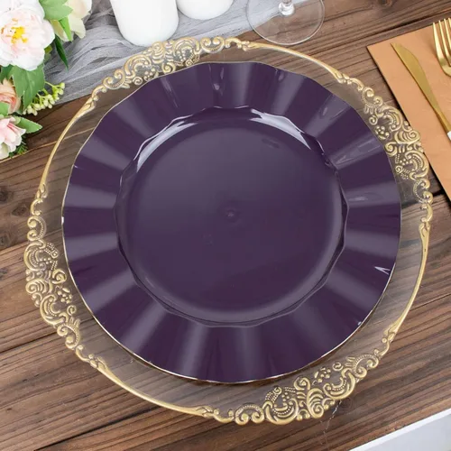 Vista 124 de Tableclothsfactory Paquete de 10 platos redondos de plástico negro de 6 pulgadas para ensalada de postre, platos desechables con borde ondulado