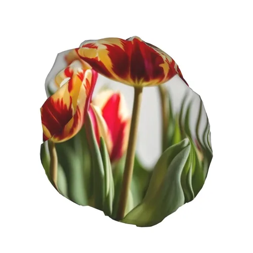Vista 2 de Gorro de ducha con estampado de tulipanes coloridos, gorro de baño elástico y reutilizable para cabello largo, gorro de ducha grande impermeable