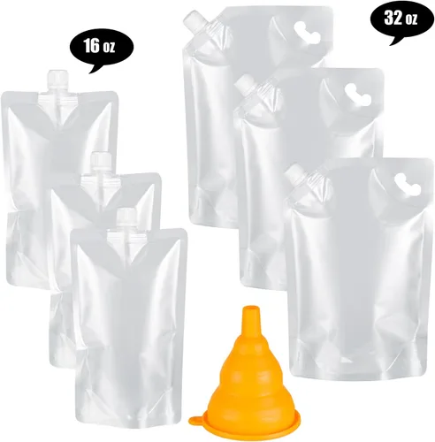 Vista 2 de Kichwit Bolsas de plástico para licor, botellas de bebida, bolsas reutilizables con boquilla líquida, sin BPA, 3 32 onzas, 3 16 onzas, embudo