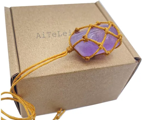 Vista 8 de AITELEI Collar con colgante de cristal de amatista natural crudo para curación de chakras de Reiki, piedra de tratamiento con cuerda tejida a mano
