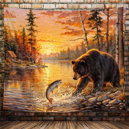 Vista 2 de DYNH Tapiz de pesca de oso negro, para colgar en la pared de cabaña de lago y puesta de sol, paisaje, naturaleza, bosque, tapiz para dormitorio