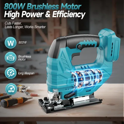 Vista 2 de Sierra de calar inalámbrica compatible con batería Makita de 18V, motor sin escobillas, control variable de 7 velocidades, 3200 RPM, potencia