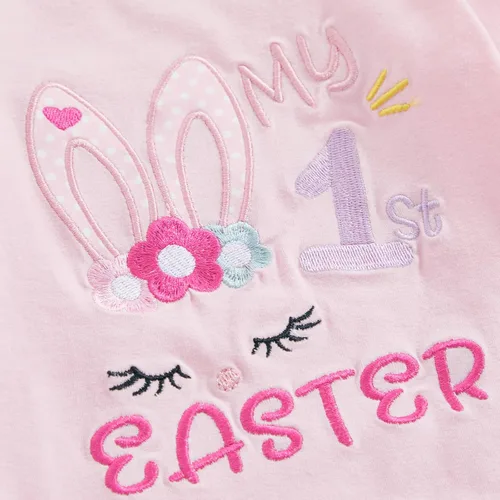 Vista 3 de Traje de Pascua para bebé recién nacida, mameluco de conejo, mameluco de conejo, pantalones largos a rayas, sombrero de conejo, conjunto de ropa