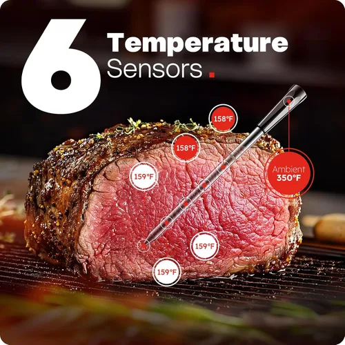 Vista 2 de Termómetro inalámbrico inteligente para carne, 6 sensores, precisión digital para alimentos, lectura instantánea de 0.5S, impermeable IP67