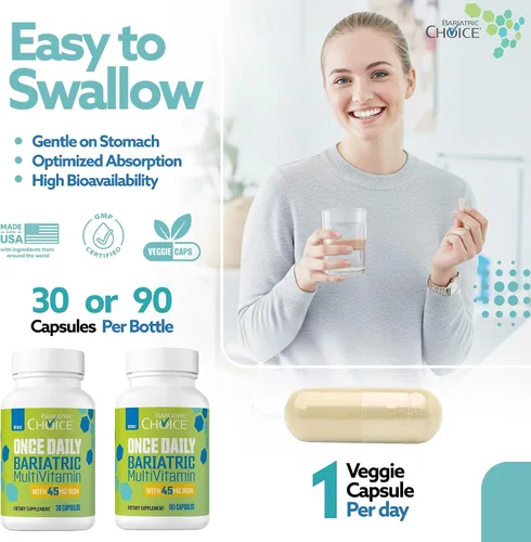 Vista 6 de Bariatric Choice Multivitamínico bariátrico una vez al día con 45 mg de hierro, cápsula fácil de tragar, vitamina para pacientes de cirugía