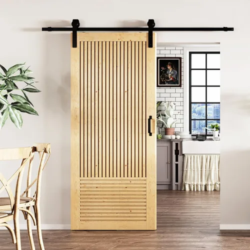 Vista 18 de BARNER HOME Puerta de granero de madera de pino de 30 x 84 pulgadas, puerta corredera decorativa de 1 lite, con kit de herramientas incluido Puerta