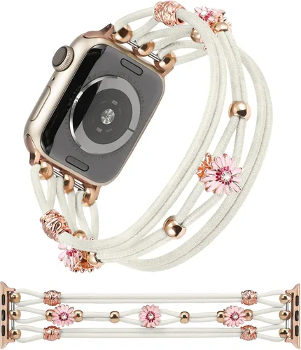 Vista 7 de TOYOUTHS - Pulsera floral compatible con Apple Watch de 1.65/1.61/1.57/1.49 pulgadas para mujer, correa de nylon elástica y trenzada con cuentas Gris