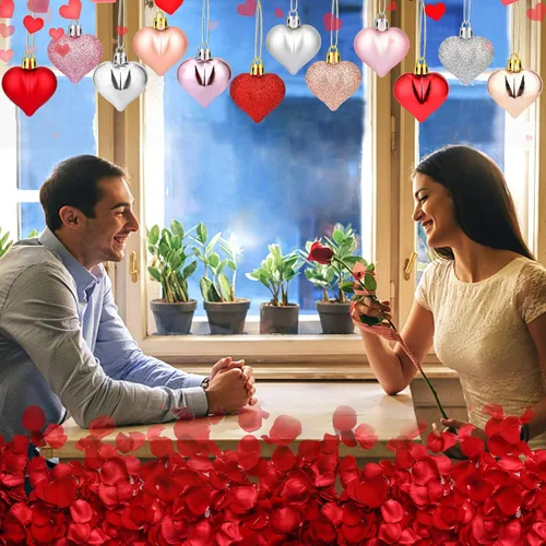 Vista 5 de JUNEBRUSHS 48 adornos en forma de corazón de San Valentín, decoraciones de corazón con purpurina de oro rosa, bolas colgantes para árbol de Navidad
