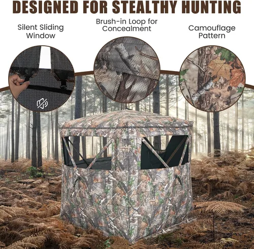 Vista 5 de GYMAX Persiana de caza, para 3 personas, con diseño de ciervo de camuflaje con deslizamiento silencioso, ventanas, bolsa de transporte, persiana