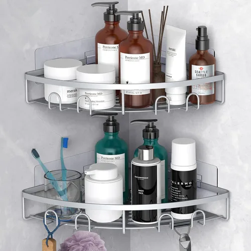 Vista 11 de Organizador de esquina para ducha, paquete de 2 estantes organizadores adhesivos para baño, ducha, sin perforaciones, a prueba de óxido, para montar
