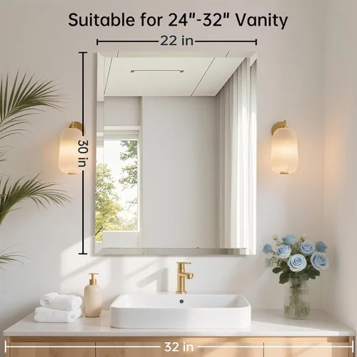 Vista 2 de Espejo rectangular sin marco de 22 x 30 pulgadas, espejo de baño biselado, espejo de pared sin marco con borde biselado de 1 pulgada para tocador