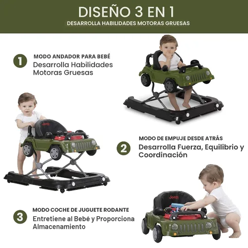 Vista 2 de Jeep Classic Wrangler 3 en 1 Crece Conmigo Andador de Actividades - Cuenta con música, luces, bandeja de juego extraíble, modo andador de empuje, se