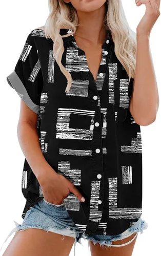 Vista 4 de Blusas elegantes para mujer, de verano 2022, casuales, de manga corta, ajuste holgado, con botones, con estampado de lunares, cuello en V