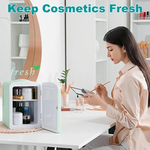 Vista 4 de Mini nevera, 4 litros/6 latas de cuidado de la piel con línea ondulada retro (verde) Compact Mini Makeup Fridge for Beauty & Beverages, Dual-use