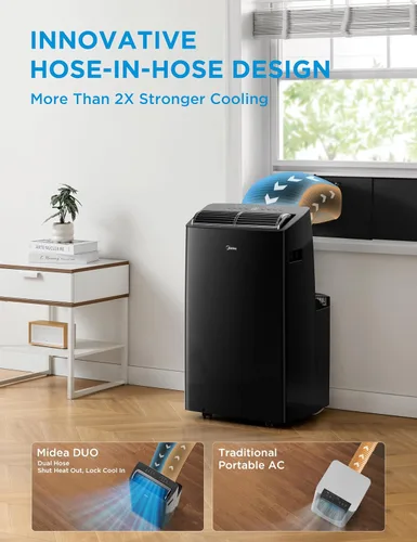 Vista 2 de Midea Duo 12,000 BTU (10,000 BTU SACC) Inversor de alta eficiencia, aire acondicionado portátil ultra silencioso, enfría hasta 450 pies cuadrados