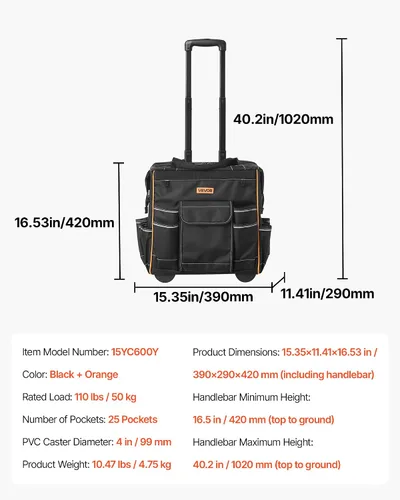 Vista 7 de VEVOR Bolsa de herramientas con ruedas de 15 pulgadas, capacidad de carga de 110 libras, 25 bolsillos, bolsa de herramientas resistente sobre