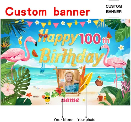 Vista 2 de Cartel de decoración de feliz cumpleaños número 100 personalizable con flamencos, playa, trópicos, Hawái y tema de verano, tamaños grandes