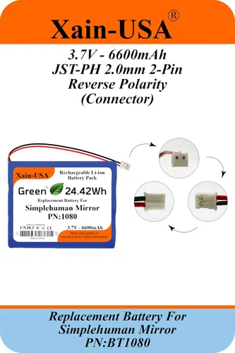 Vista 4 de Batería de repuesto PN: BT1080 para espejos Simplehuman (ST3024 ST3026 ST3027 ST3028), 3.7V 6600mAh, (por favor) Verifique el número de pieza BT1080