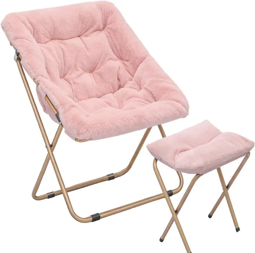 Vista 10 de Magshion Silla plegable de gran tamaño para adultos, silla de lectura con otomana, asiento circular esponjoso de piel sintética, cómoda silla