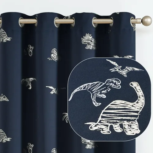 Vista 10 de Vangao - Cortinas para niños con impresión de dinosaurio en negro, cortinas opacas para guardería, habitación de niñas y niños, estampado plateado