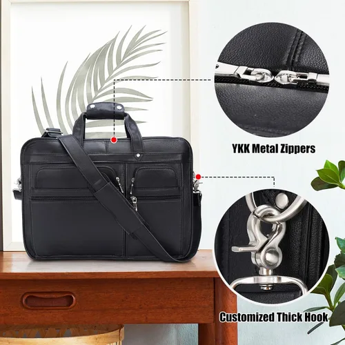 Vista 9 de Maletín de cuero de grano completo para hombre grande de 17 pulgadas de viaje de negocios bolsa de mensajero portátil con cremalleras de metal YKK