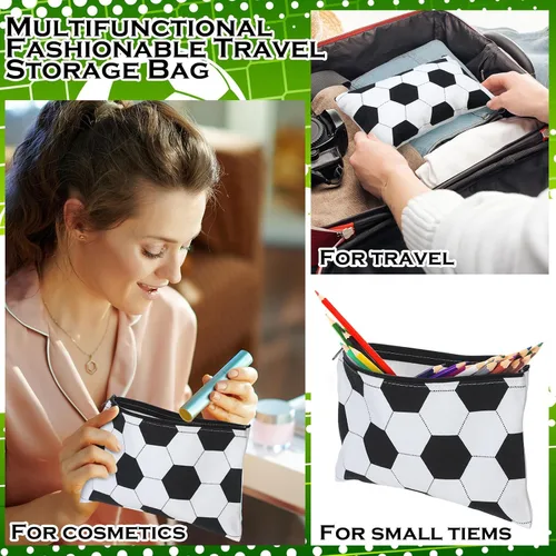 Vista 5 de Sweetude 24 bolsas de maquillaje deportivo de fútbol, bolsas de cosméticos, regalo de fútbol en blanco y negro para jugadores, bolsas de recuerdo