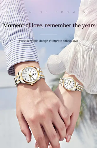 Vista 41 de OLEVS Juego de 2 relojes de cuarzo para parejas de San Valentín, calendario luminoso, ventana de fecha, 3 ATM, impermeable, casual, acero