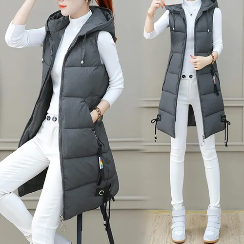 Vista 4 de COKUERA Chalecos largos y cálidos de invierno para mujer, color sólido, acolchado, ligeros, sin mangas, con capucha