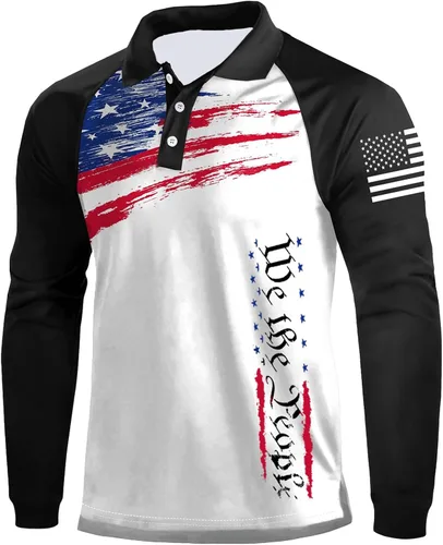 Vista 19 de Camisa polo de manga larga con bandera estadounidense para hombre, cuello gráfico patriótico, camiseta de golf, moderna, casual, cuello en V, tops