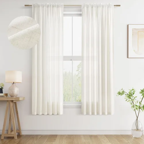 Vista 38 de Cortinas de lino verde aguamarina de 84 pulgadas de largo, juego de 2 paneles semitransparentes con bolsillo para barra para comedor, decoración