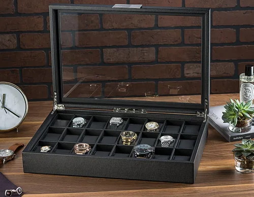 Vista 2 de Glenor Co Caja de reloj para hombre Organizador plano de lujo de 24 ranuras diseño de fibra de carbono para relojes de joyería para hombre soporte