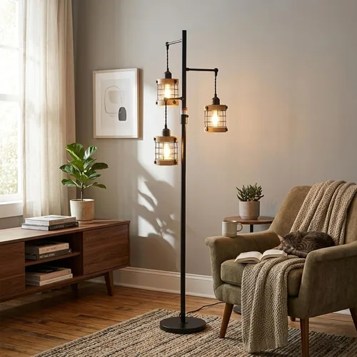 Vista 8 de Lámpara de pie de madera vintage para dormitorio, lámparas de pie regulables para sala de estar, lámpara de pie industrial de granja, lámpara alta