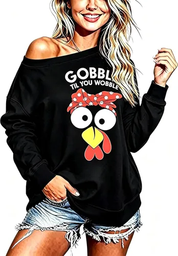 Vista 20 de Sudadera holgada de manga larga con hombros descubiertos para mujer de Halloween Gorro de Navidad negro