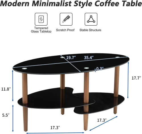 Vista 2 de Mesa de centro de cristal negro, mesa moderna ovalada para sala de estar con almacenamiento, patas de madera de roble, mesa central de vidrio