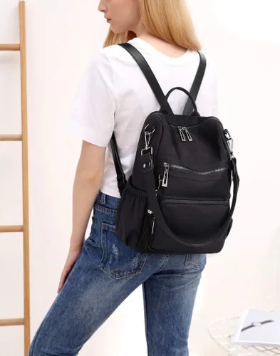 Vista 2 de UTO Mochila de cuero vegano para mujer, diseño de moda, convertible con borla, para viajes, con borla