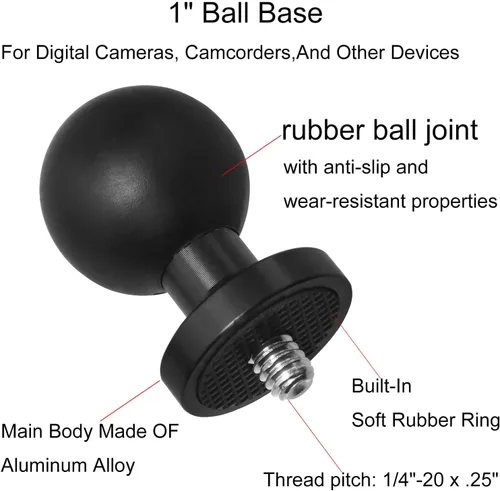 Vista 2 de Adaptador de bola de aleación de aluminio de 0.984 in/1 pulgada con perno roscado de 1/4 pulgadas para cámara de acción y videocámara