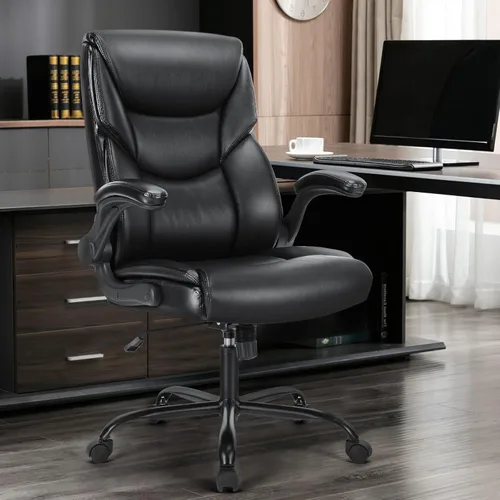 Vista 6 de OLIXIS Silla de escritorio de cuero PU, silla de oficina ergonómica, reposabrazos abatibles Negro