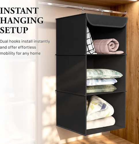 Vista 6 de Simple Houseware Organizador de armario colgante de 3 estantes, estantes de almacenamiento de tela con capacidad de 57 litros, color negro