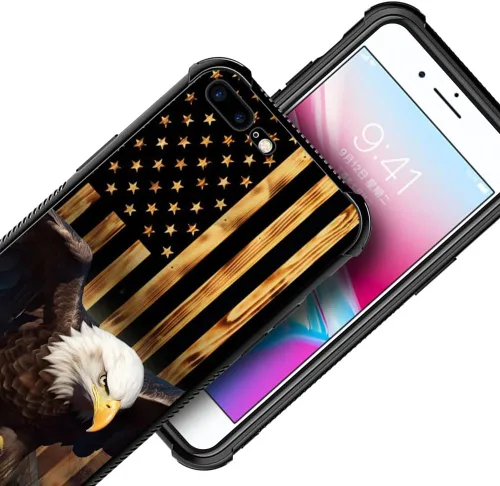 Vista 277 de Funda compatible con iPhone 8, a prueba de golpes, antiarañazos, bandera de ciervos de cola blanca de grano de madera estadounidense