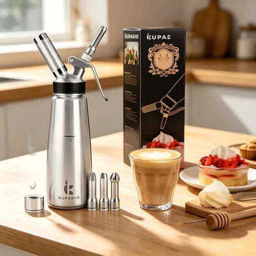 Vista 2 de Dispensador de crema batida, 16.9 fl oz (1 pinta), batidora de crema de acero inoxidable 304 con 3 boquillas y cepillo de limpieza