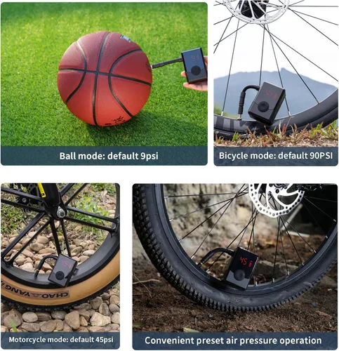 Vista 6 de Mini bomba de neumáticos de bicicleta con calibre, bomba eléctrica de bicicleta máxima de 130 PSI, mini bomba de aire de inflado rápido
