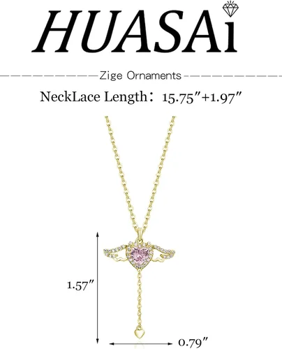 Vista 6 de HUASAI Collar de ala de ángel de cristal rosa, alas de ángel con colgante de corazón, collar de corazón de diamantes de imitación