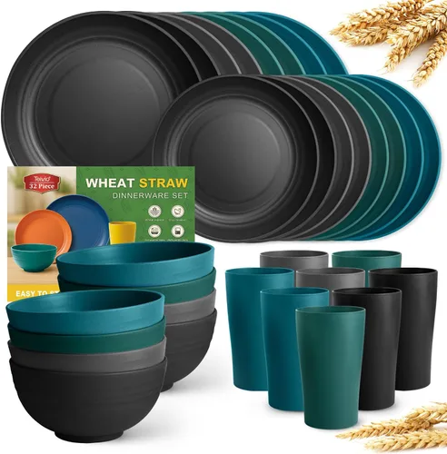 Vista 25 de Teivio Juego de vajilla de plástico de paja de trigo de 32 piezas para cocina, servicio para 8, platos, cuencos y tazas irrompibles, vajilla