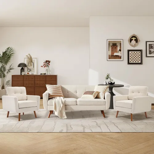 Vista 6 de Tbfit Paquete de 2 sofás individuales de tela de lino, silla decorativa, sillón moderno de mediados de siglo para sala de estar, dormitorio Beige