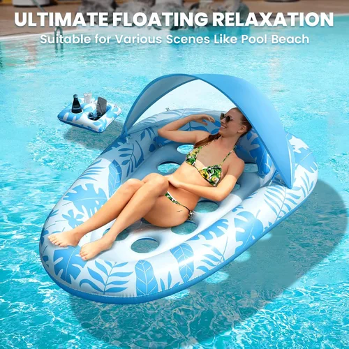 Vista 7 de Flotadores inflables para piscina para adultos, 3 en 1, flotadores de piscina con toldo y soporte para tazas, balsa de piscina XL, sillas