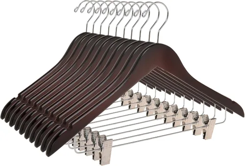 Vista 16 de Perchas de madera de calidad para faldas con clips, paquete de 10 perchas lisas de madera maciza para pantalones con clips de metal ajustables