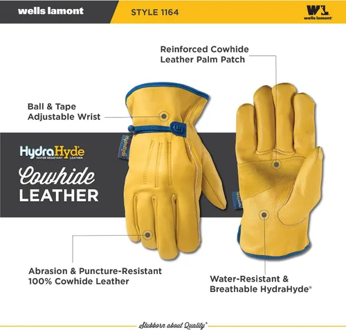 Vista 6 de Wells Lamont Guantes de trabajo de cuero HydraHyde sin cordones para hombre