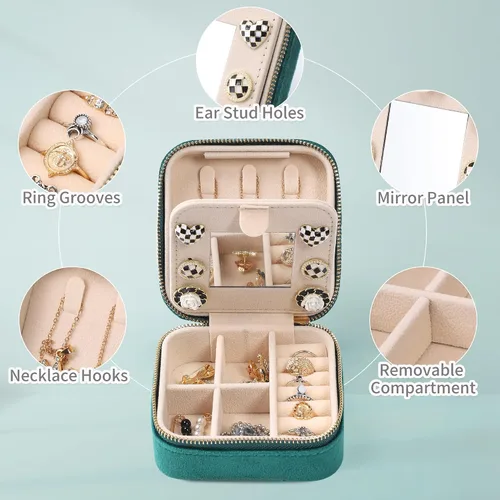 Vista 4 de Dajasan Joyero de viaje de terciopelo, mini estuche de joyería de viaje, pequeño organizador de joyas de viaje portátil con espejo para mujeres